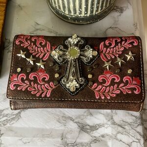 Justin West Cross Western Floral Damask Embroidery Concealed Carry Handbag Purse